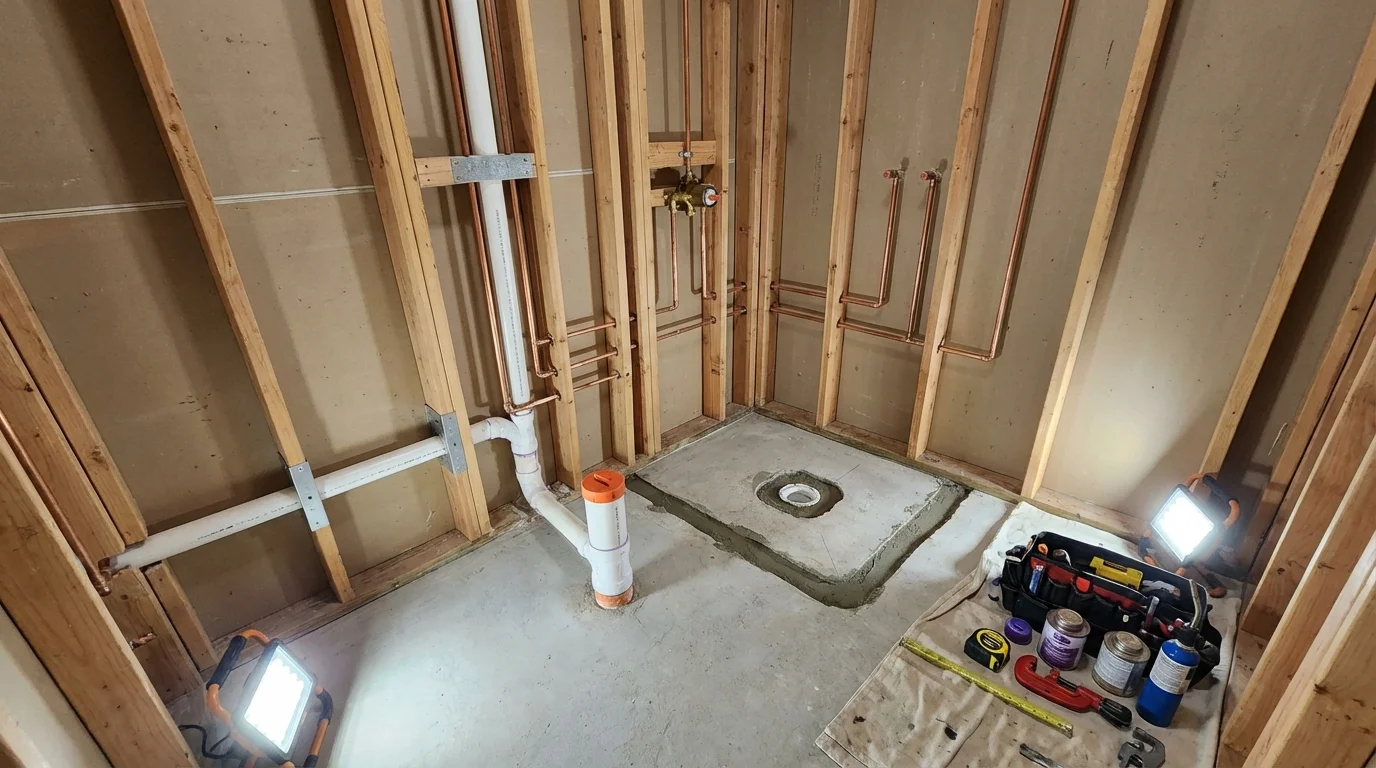 Bathroom rough-in plumbing during remodel by Johns Plumbing LLC in Weyers Cave