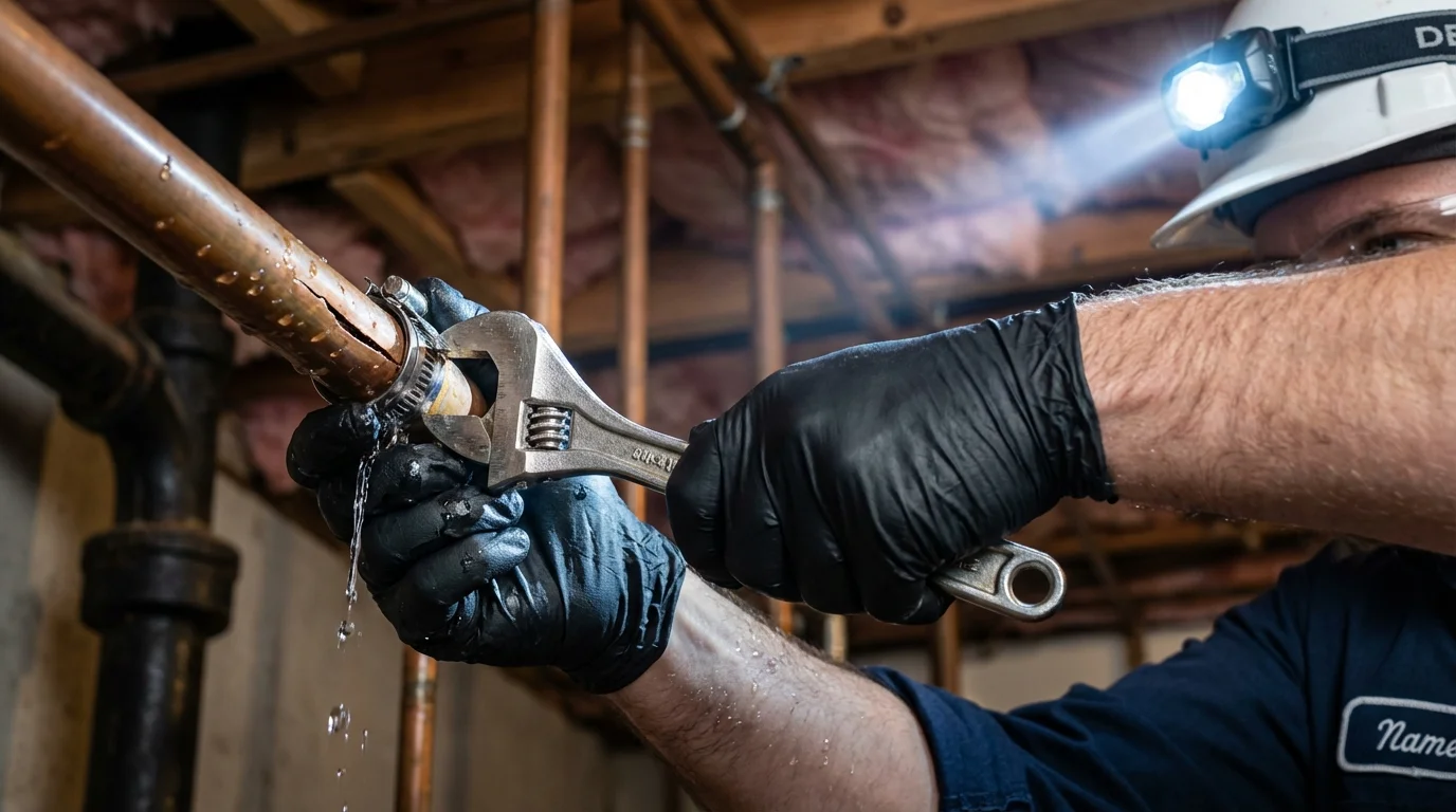 Emergency pipe clamp repair being performed by a Johns Plumbing LLC plumber in Weyers Cave