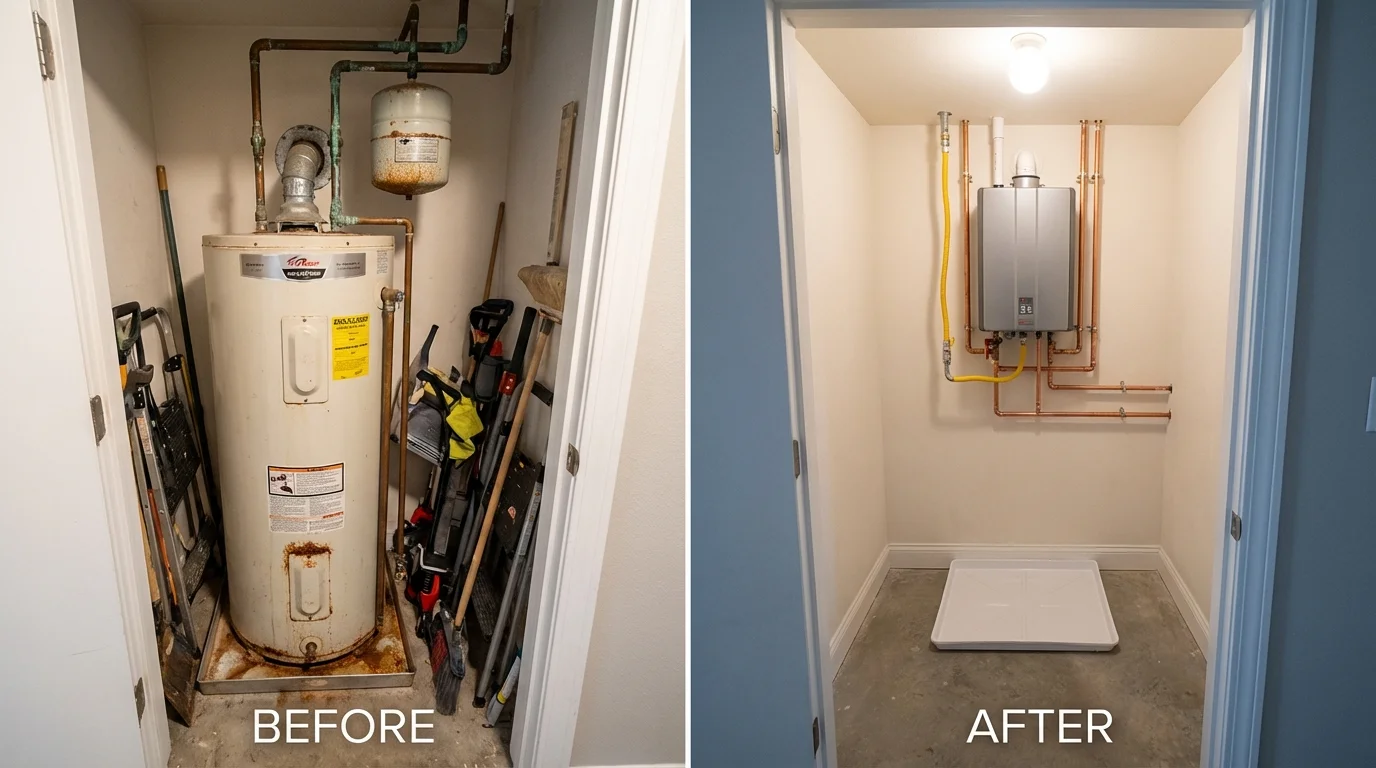 Tank water heater versus wall-mounted tankless unit comparison for Weyers Cave, VA homeowners