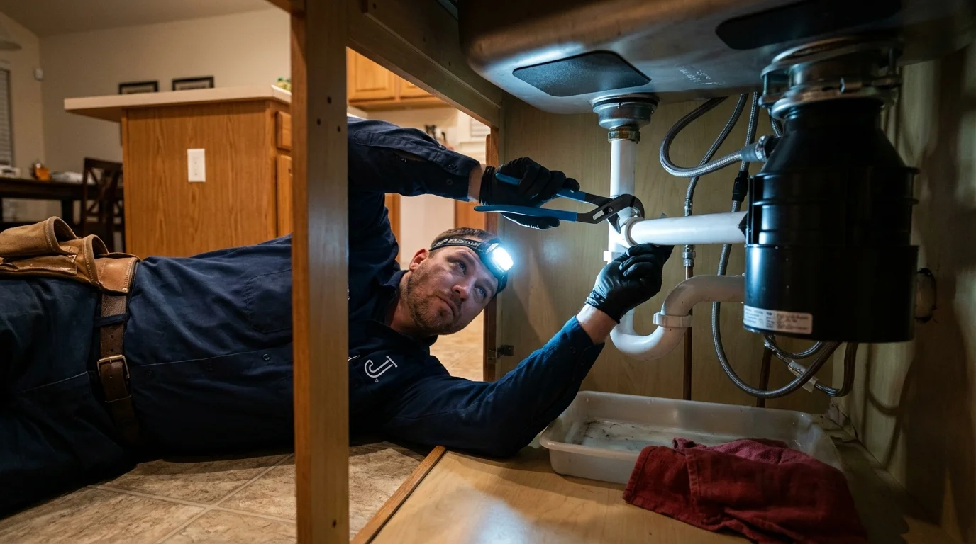 P-trap and supply line connections under a kitchen sink showing a common leak point in Weyers Cave, VA